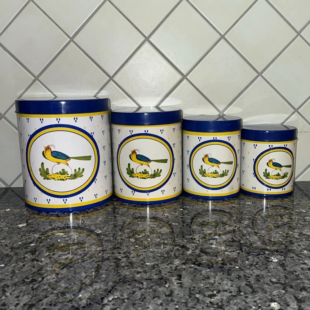 Vintage Rosenthal Netter Blue & Yellow Bird 4 Pc. Tin Canister Set